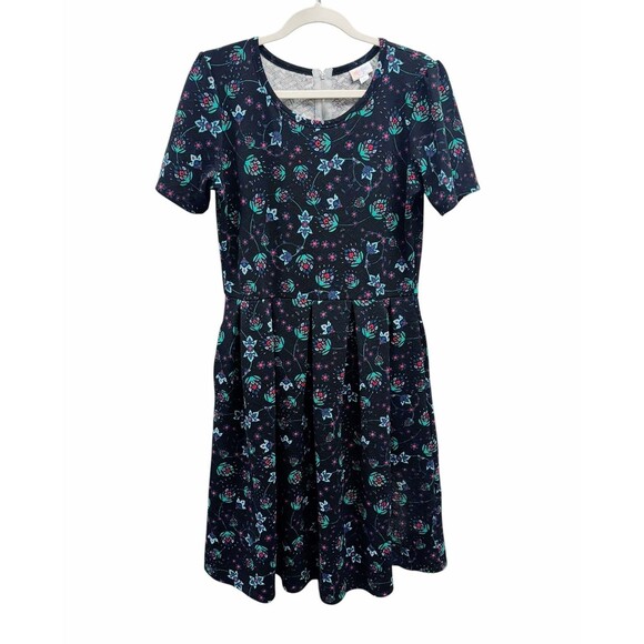 LuLaRoe Dresses & Skirts - LuLaRoe Size XL Floral Pleated Fit & Flare Stretch Short Sleeve Dress‎ w/Pockets
